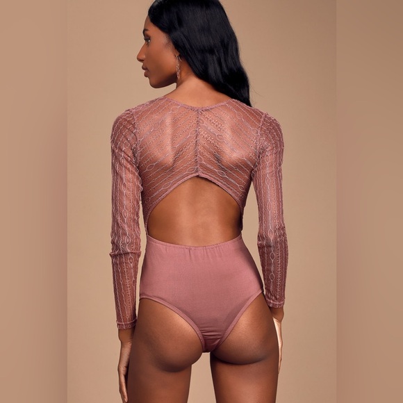 Lulus Casita Mauve Pink Sheer Lace Long Sleeve Bodysuit - Size S - Picture 4 of 6